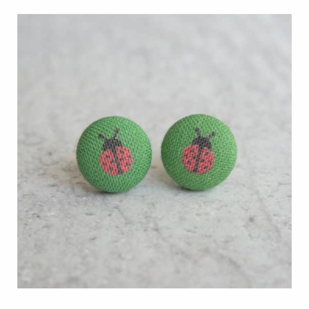 Ladybug Fabric Button Earrings New